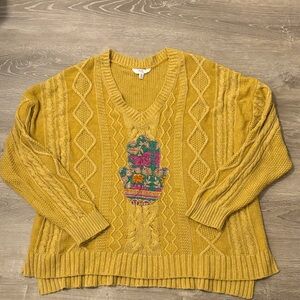 Time and Tru Mustard V-Neck Sweater with Colorful Embroidery